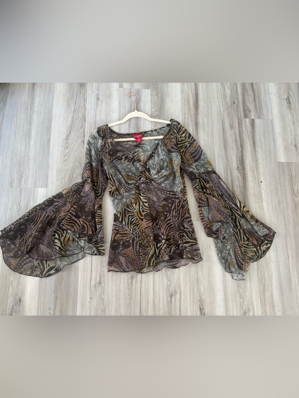 Mudd Sheer Animal Print Bell Sleeve Top in Brown and Black